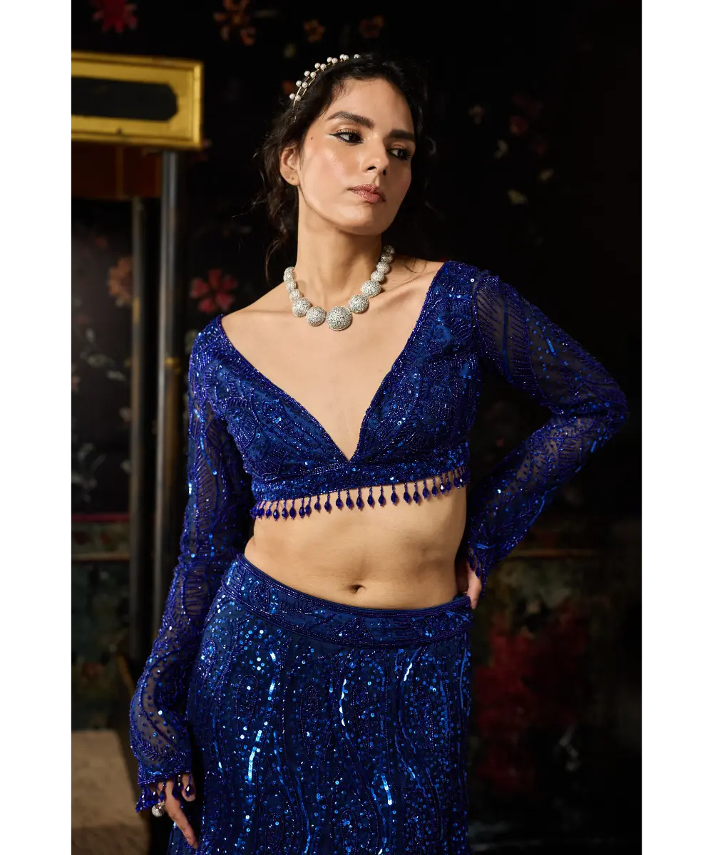 DIYARAJVVIR - ELECTRIC BLUE EMBELLISHED MERMAID SKIRT SET